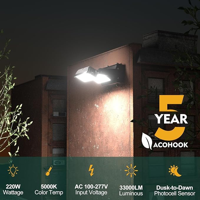 220W LED Wall Pack Lights, 360° Adjustable Panel with Dusk to Dawn Photocell, 100-277v 33000Lm 5000K Daylight, IP65 Waterproof & Advanced Heat Dissipation Outdoor Security Lighting-4Pack