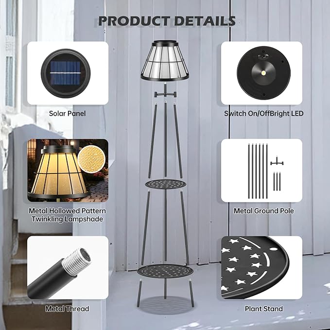 MXwcy 2 Pack Solar Lights Outdoor with Plant Stands, Solar Floor Lamp Metal Tripod Patio Lights for Garden Yard Pathway Driveway Front/Back Porch Decoration