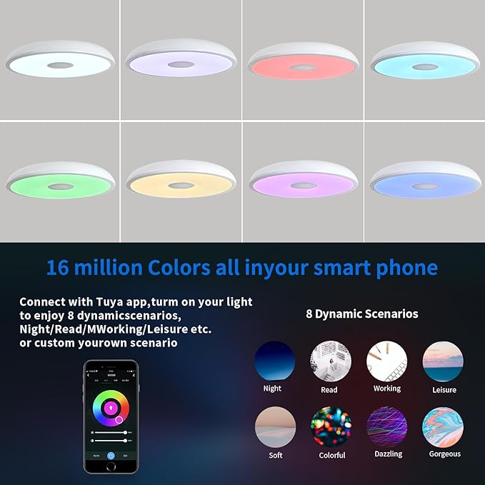 Smart Waterproof LED Flush Mount Ceiling Light Fixture,11 inch 18W,with Bluetooth Speaker,RGB Color Changing Function- Dimmable Lamp,Tuya Application Control-Compatible with Alexa Google Home