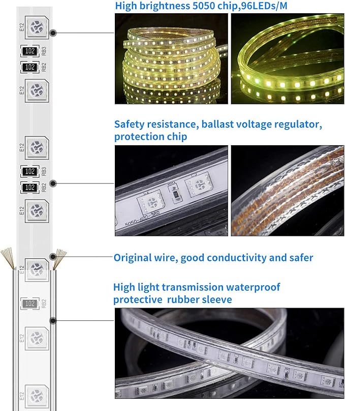 110V 8 Colors RGB Dimmable Strip Light Outdoor 65.6ft 20m Rope Lighting Kit Indoor Waterproof IP65 Cuttable Connectable Flexible for DIY Christmas Bar Parties Landscape Decoration