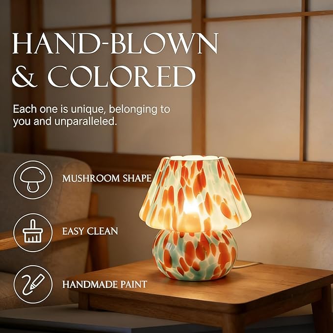 Creative Table lamp, Cute Mushroom Shape, Glass, Medieval Style, Three Lighting Modes, Suitable for bedrooms, Kitchens, Dining Rooms, Living Rooms, and Bookshelf Decoration (Style B)