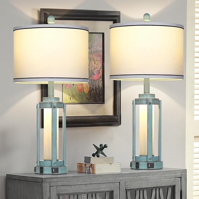 Farmhouse Lamps Set of 2, 26" Vintage Rustic Industrial Beside Lamps with USB A+C Charging Ports & AC Outlet, Nightstand Metal Lamp with LED Night Light & Fabric Shade for Living Room Bedrooms Blue