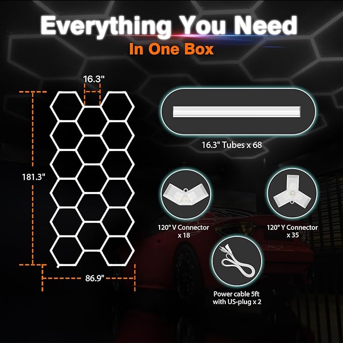 Hexagon Garage Lights : 3 Level Dimmable 476W Tube 17 Grids Hexagon LED Lights - Easy Install 6500K Super Bright Hex Lights for Warehouse, Car Detailing Shop, Exhibition Hall, Gym