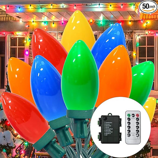 27.5Ft C9 LED Christmas Lights Battery Operated with Remote, LED Multicolor Outdoor Christmas Tree Lights Waterproof with 8 Mode Twinkle, for Christmas Tree Stair Yard Home Decor, 50 Bulbs