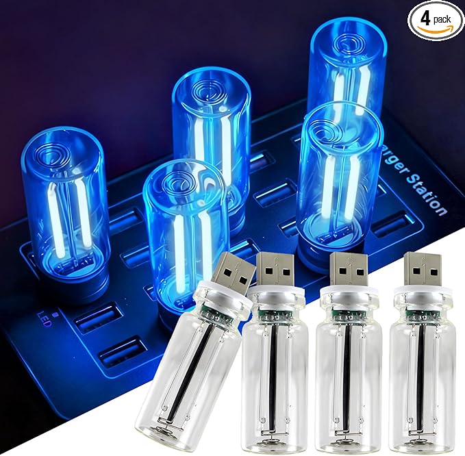 4 PCS USB Car Lights, Touch Dimmable Retro Mini Glass Bottle LED Ambient Night Light for Vehicle Interior, Bedroom, Hallway, Camping, Holiday and Party Decoration (Blue)
