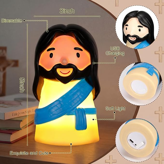 Cute Jesus Night Light, Jesus Gift, Dimmable PVC Christian Lamp, USB Rechargeable Touch Bedside Light, Baptism Favor, Easter & Religious Gifts (3 x 5 Inch)(Blue)