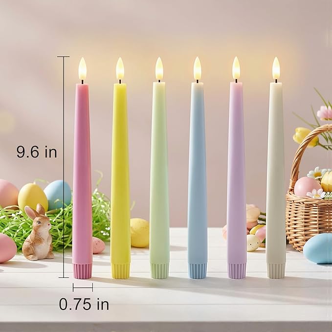 Easter Decorations, Easter Pastel Flameless Candles - Pastel Taper Candles Battery Operated with Timer and Remote Control, Home Table Decor, Wax, Macaron, 6pc