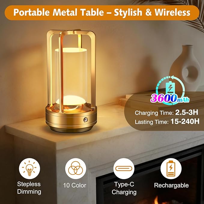 Portable Table Lamp for Outdoor Indoor: Cordless Rechargeable Desk Lamp with 3 Color Stepless Dimmable - Metal Battery Operated Lantern Light for Bedroom/Bar/Coffee Shop/Camping (Gold+RGB)
