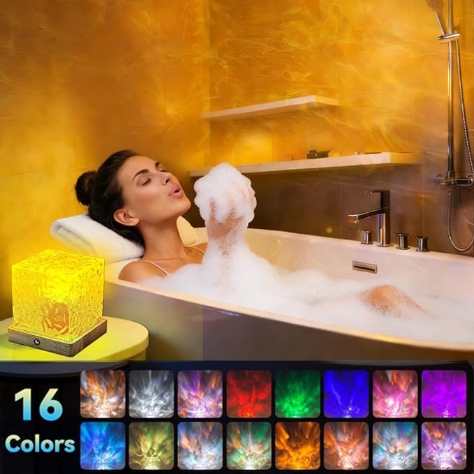 LETOUR Bathroom Mood Light,Rechargeable Shower Light 16 Color Changeable Ocean Wave Projector Lamp, Dimmable Waterproof Shower Lamp with Remote, Rotating Cube Water Ripple Lamp for Bath