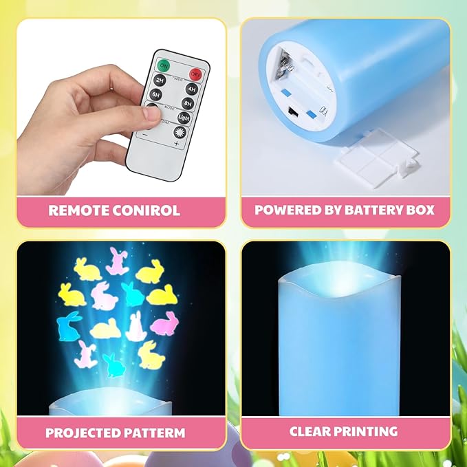 Baquler 3 Pcs Easter Flameless Projector Candles with Remote Timer - Colorful Bunny Projector Light LED Candles Battery Operated for Home Indoor Easter Holiday Party Decorations