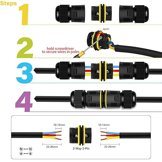 NineLeaf 24 Pack Waterproof Electrical Cable Connector, 3-Pin M20 Screw Type Wire Connectors Ø5-12mm, IP68 Waterproof Junction for Outdoor Garden Lights, Landscape, Underground Wiring