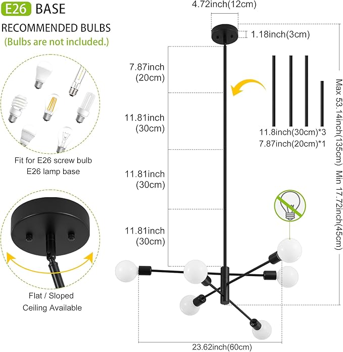 Sputnik Chandelier, Black Modern Industrial Chandeliers 6-Light, Mid Century Ceiling Lighting Fixture for Living Room, Kitchen, Bedroom, Dining Room, Farmhouse