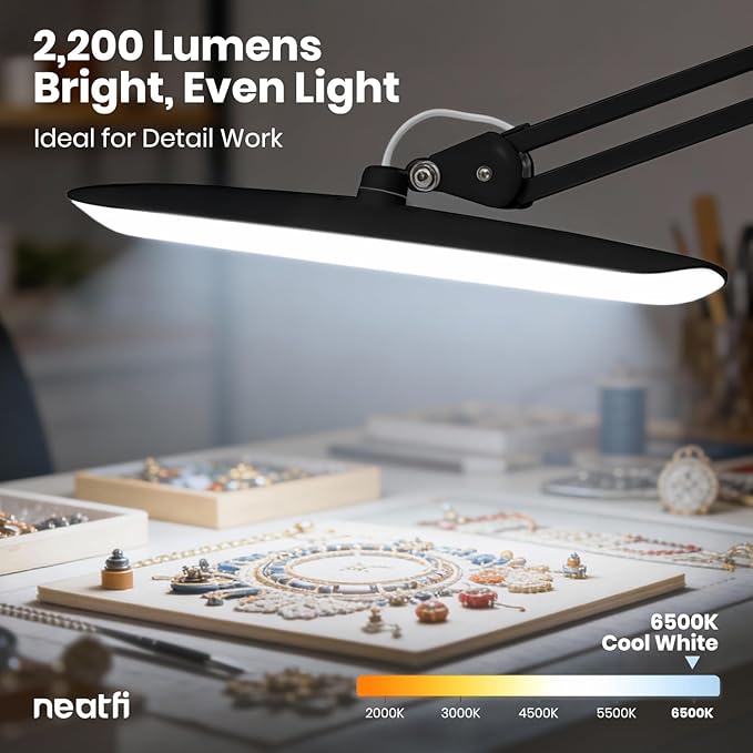 Neatfi XL LED Desk Lamp with Clamp, 2200 Lumens, 24W, 20-Inch Wide Head, Dimmable 4 Brightness Levels, Task Light for Home Office, Crafts, Workbench (Non-CCT, Black)