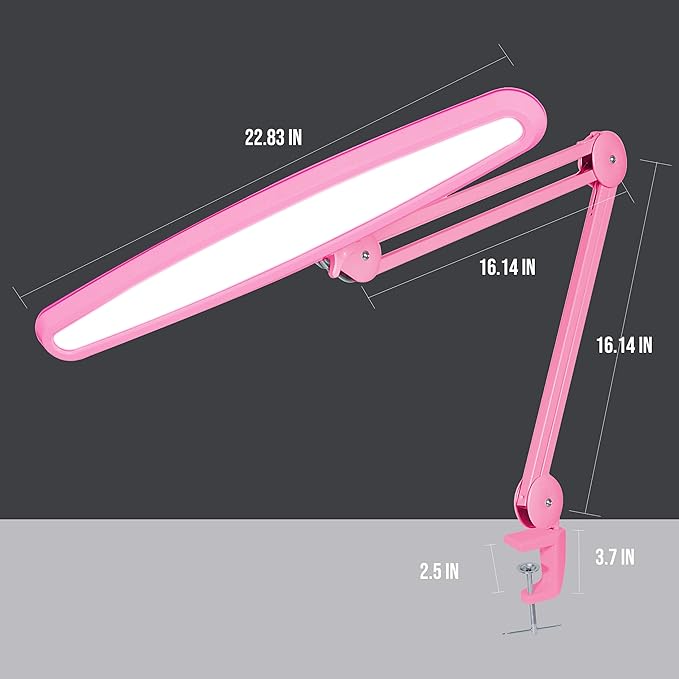 Neatfi XL LED Desk Lamp with Clamp – 2,200 Lumens, 23” Wide, Dimmable Task Light for Office, Study, Crafting & Nail Techs (Non-CCT with Clamp, Pink)