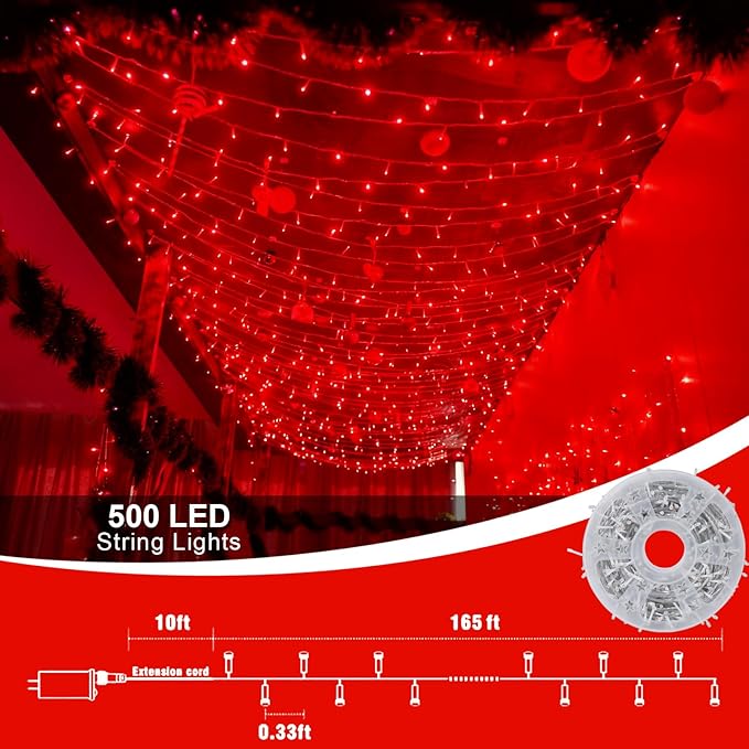 QITONG Red Valentine Lights Outdoor, 165ft 500 LED String Lights Plug in, Clear Wire Twinkle Christmas Lights Indoor with 8 Modes