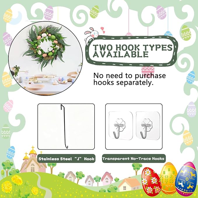 20 Inchs Spring Easter Wreath, Farmhouse Artificial Spring Wreath, Decor with Colorful Easter Eggs, Brown Fabric Strips & Green Eucalyptus Leaves, for Door Wall Window Fences
