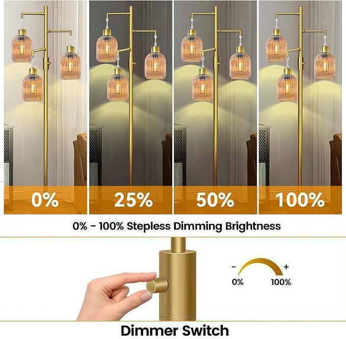 Modern Floor Lamp for Living Room, Dimmable Glass Standing Lamp Vintage Retro 3 Lights Tall Floor Lamps with Amber Lamp Shade Mid Century Tree Lamp, 3×6W Bulbs Included