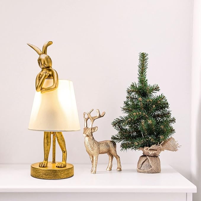 YHT Bunny Table Lamp, Cute Animal Rabbit Lamp,Bunny Lamps,15.7" Vintage LED Desk Light with Linen Lampshade,Gold Main Part Beside Lamp for Bedroom, Study Room, Office, Nursery, Home Decor (White)