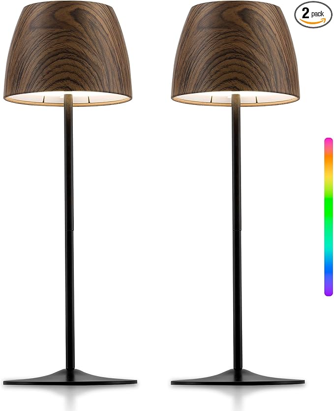 ELYONA 2 Pack Cordless Table Lamp, LED Walnut Wooden Desk Lamps RGB & 3 Color Stepless Dimming Waterproof Rechargeable 4000mAh Battery Operated for Restaurant Bedroom Outdoor Office Night Light Black