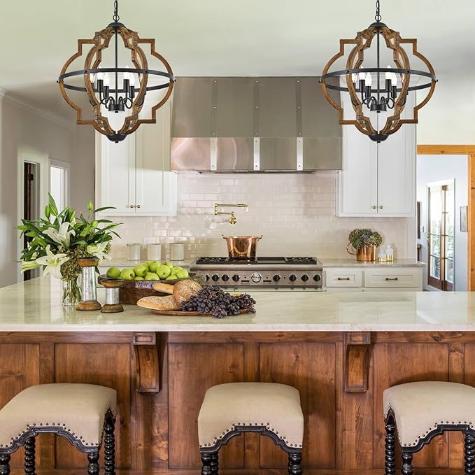 6-Light Farmhouse Wood Pendant Light,22.83'' Vintage Rustic Brown Oak Wood Chandeliers,Retro Industrial Hanging Light Fixtures for Dining Room Entryway, Bedroom