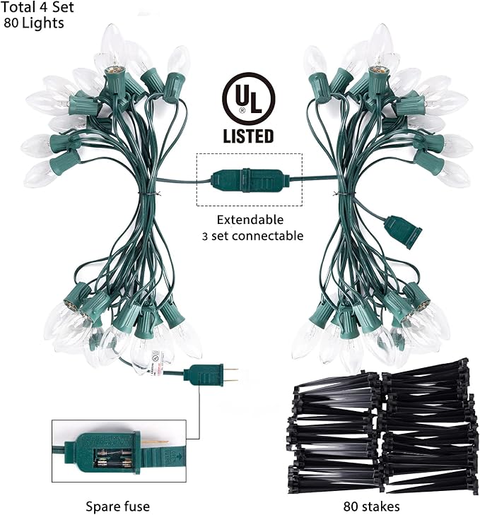 C9 Christmas Lights Outdoor, 4 Packs Total 102.8 Ft 80 Bulbs Christmas Pathway Lights, Waterproof Walkway Lights for Outside Driveway Sidewalk Outdoor Decorations Yard, Clear