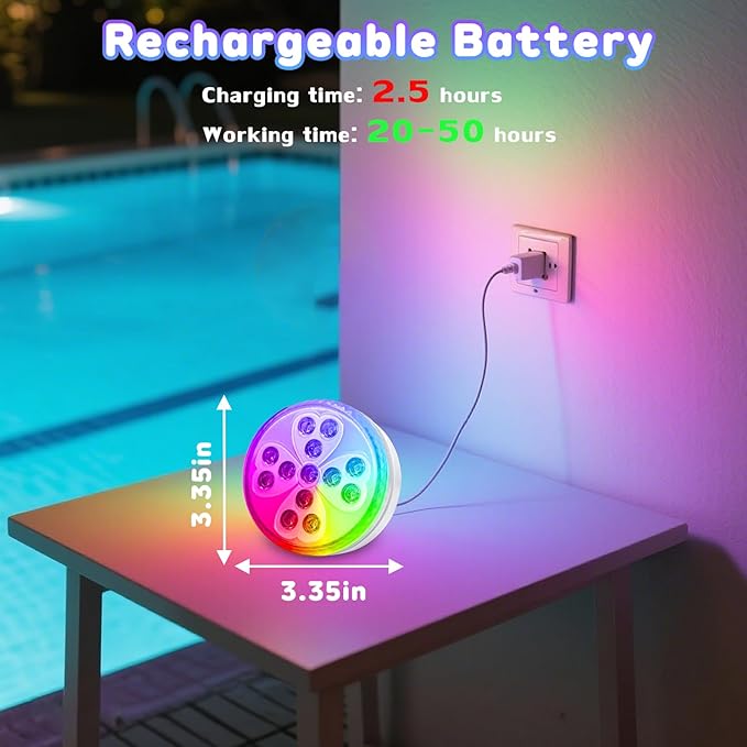 Pool Lights, 10 Colors Rechargeable Submersible LED Lights with Remote & 6 Modes, IP68 Waterproof Dimmable Shower Lamp, LED Underwater Light for Inground Above Ground Pool Party Hot Tub (4 Pack)