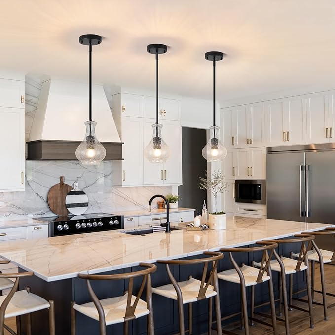 Black Pendant Lights Kitchen Island, 5.9" Unique Crackle Glass Pendant Light Fixtures with Adjustable Rods, Modern Single Hanging Lighting for Kitchen Island, Sink, Bathroom, E26 Base
