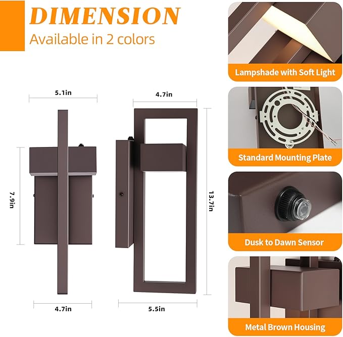 tewei LED Outdoor Wall Sconce Dusk to Dawn Outdoor Lighting, Modern Exterior Lighting Fixtures, Brown LED Front Porch Lights Outside Wall Mount Lights for House, Hallway, Warm White 3000K, 2 Pack