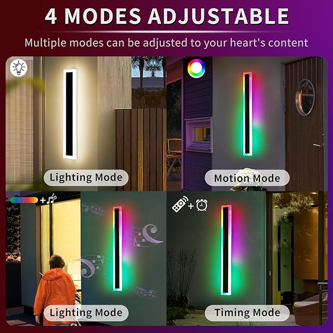 Mikeru 2pack 31.4inch Outdoor Wall Light Fixtures, RGB Modern Outdoor Wall Sconce 10%-100% Dimmable Smart Outdoor Light Fixtures Wall Mount Featuring Multiple Modes and 12 Colors for Patio Entryway