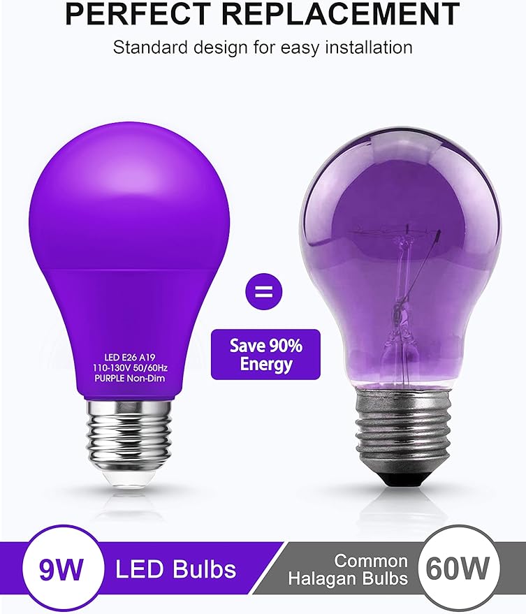 Purple Light Bulbs,4 Pack LED A19 Black Light Bulbs 9W (60 Watt Equivalent) E26 Base Party Decoration, Porch, Home Lighting, Holiday Lighting, Decorative Illumination Purple LED Bulb