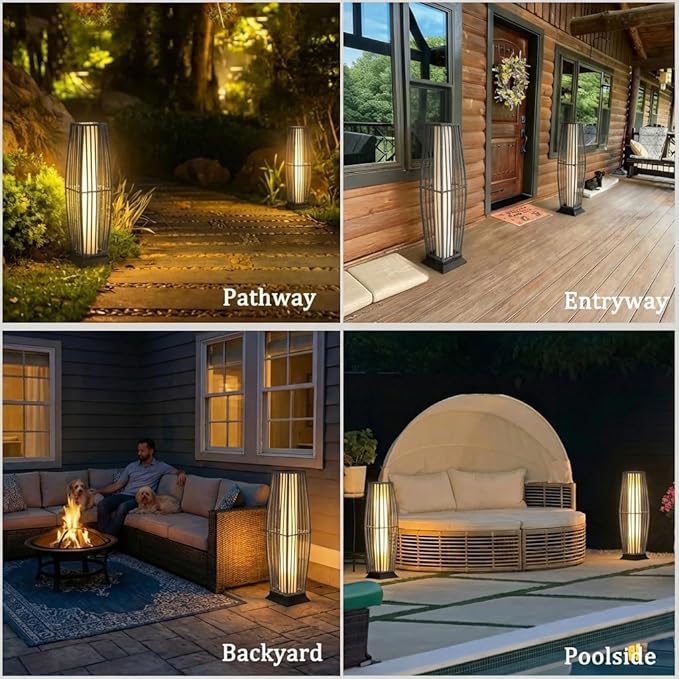 Rattan Outdoor Floor Lamp Set of 2, Boho Solar Porch Lights Outdoor Waterproof for Patio, Garden, Balcony & Deck, Gray (Vertical)