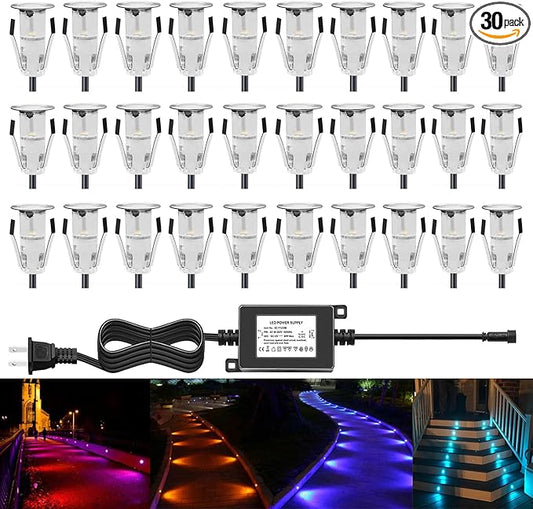 LED Deck Lights Multi-Color RGB Waterproof Recessed Wood Decking 0.7" Tiny Deck Driveway Light Dock Path Step Road Light Outdoor and Indoor Decoration Security Lighting (RGB, 30pcs)