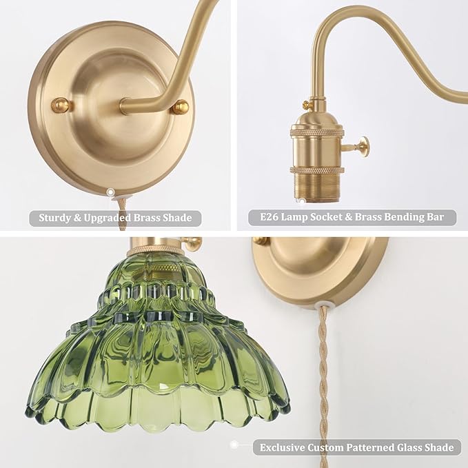Plug in Wall Sconce Set of 2, Gold Vintage Wall Lights with Green Lily Glass Shade, Indoor Brass Corded Wall Lamp Fixture for Bedroom Living Room Bathroom Hallway