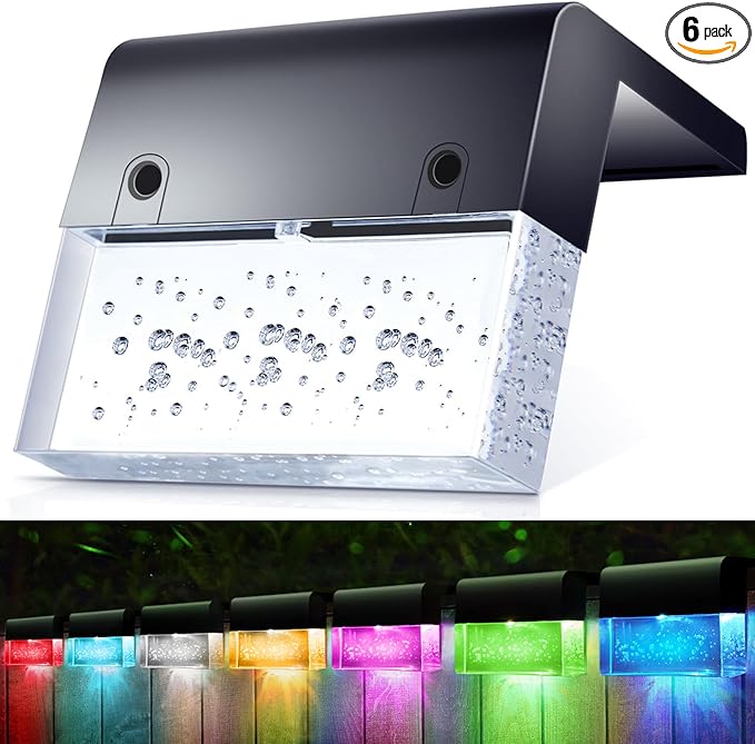 SUNFACE Solar Deck Lights Outdoor, 6 Pack Waterproof LED Solar Step Lights with 2 Lighting Modes, Warm White & 7 Color Acrylic Bubbles Solar Fence Lights for Stairs, Backyard, Pool Decor