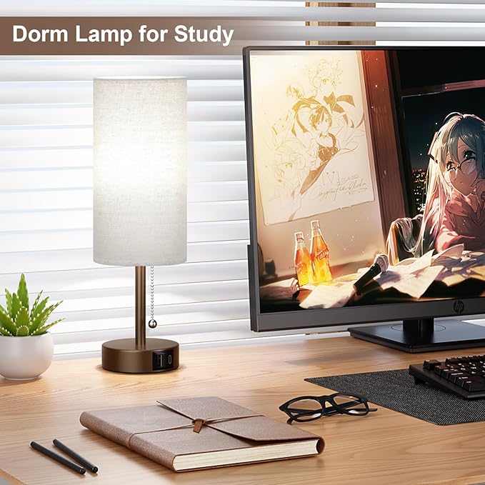 Brown Table Lamp for Bedroom Nightstand - Small Lamp with USB A + C Charging Port, 3 Color Temperatures Pull Chain Night Stand Light, Silver Base Desk Reading Lamp for Living Room