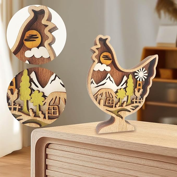 Drawelry 3D Wooden Animals Carving Home Decorative - Creative Wood Carved Lamp Farmhouse Wooden Animals Sculpture Ornaments Easter Birthday Gifts for Family Friend Son Dad (Chicken, Without Light)