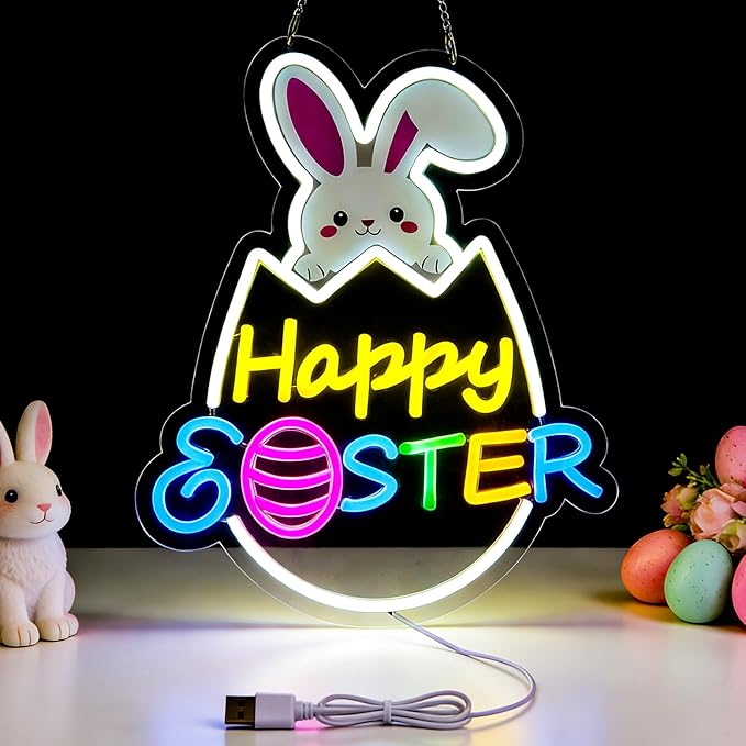 Easter Decorations LED Neon Sign 15 In Happy Easter Neon Sign LED Rabbit Egg Window Lights Home Party Indoor Outdoor Wall Bunny Decor Light Up Sign for Bedroom Easter Birthday Party Decor