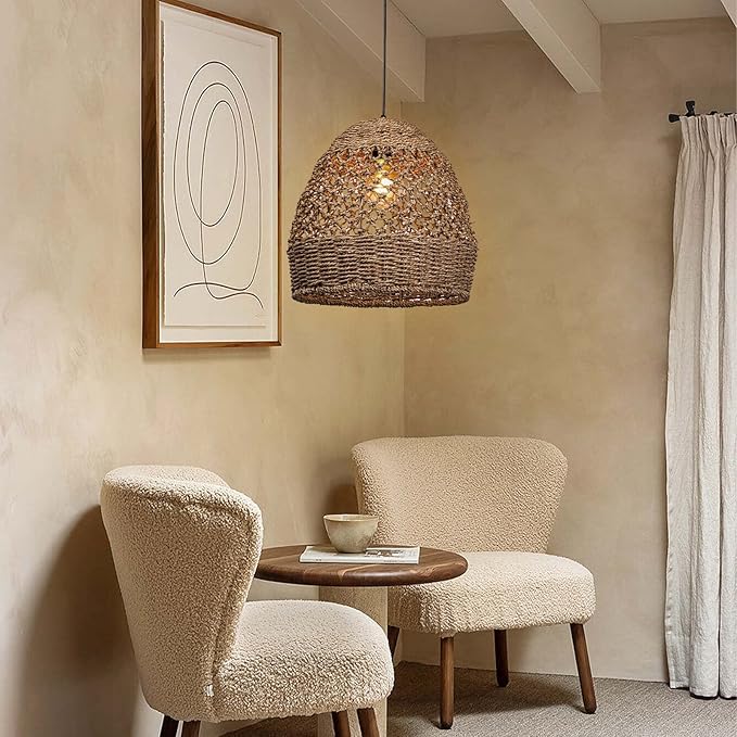 Arturesthome Rattan Woven Pendant Light for Kitchen Island, Hand-Woven Ceiling Chandelier, Handmade Natural Seaweed Hanging Lights Crafts Lampshade D 15.7in