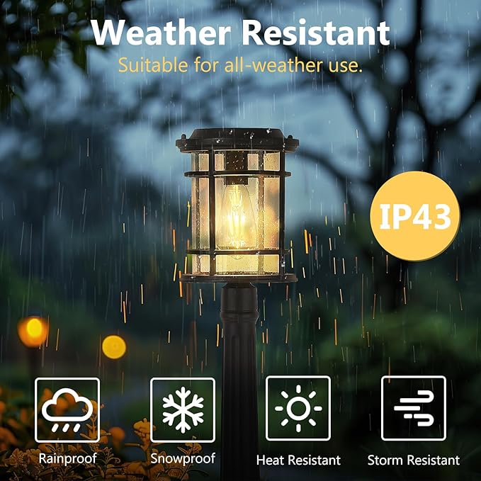 Emliviar Solar Pathway Lights Outdoor, Dusk to Dawn Walkway Light with Remote Control, Pole Light with Seeded Glass in Black Finish, LED Bulb Included, XE229PL-SL BK