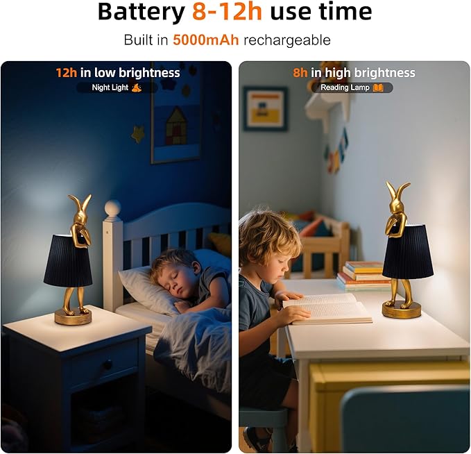 Bunny Rabbit Cordless Table Lamp – 5000mAh Rechargeable Battery Powered LED Night Light Cute Vintage Animal Desk Bedside Lamp with Linen Shade for Kids Room Nursery Home Decor Gift (Black)