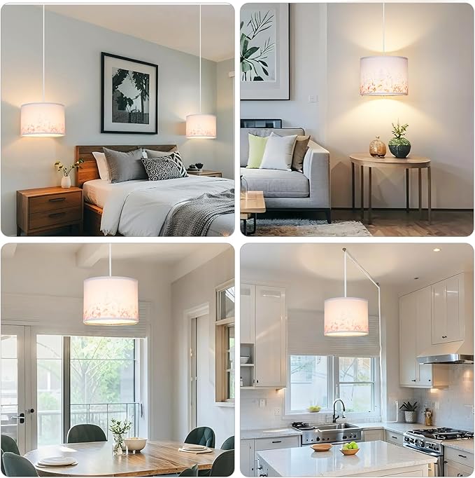 Plug in Pendant Light, Flower Planting Hanging Light with Plug in Cord, Hanging Lamp with 3-Way Dimmable Bulb, Farmhouse Pendant Light for Kitchen Dining Room Bedroom Entryway (Printing Shade)