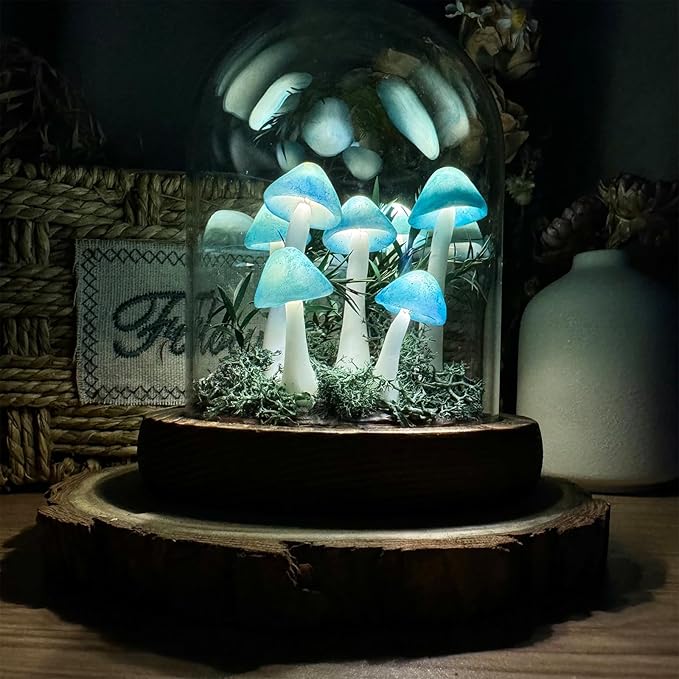 Mushroom Lamp, Decor LED Light in Glass Dome with Base for Home Bedroom Decor Birthday with Birthday Valentines Anniversaries Gifts Box (Blue-01)