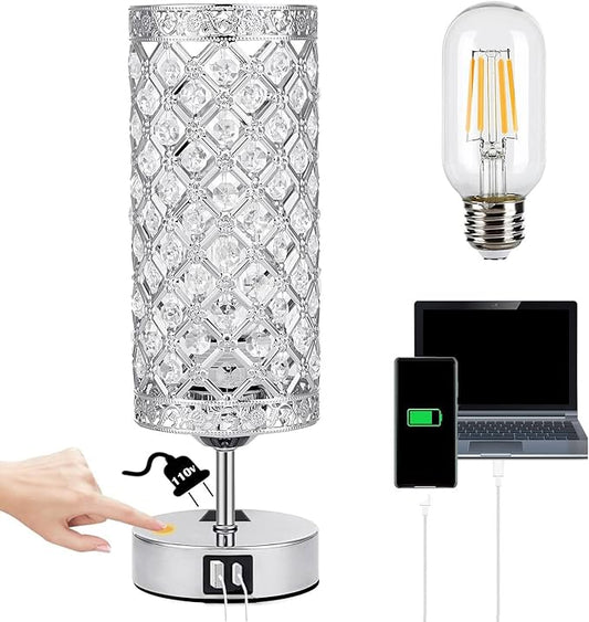 Silver Crystal Table Lamp, Bedside Nightstand Desk Lamp Touch Control Night Light Women Bedroom Decor Bling Lamps with 4 USB Ports & Bulb Included for Home, Office, Living Room