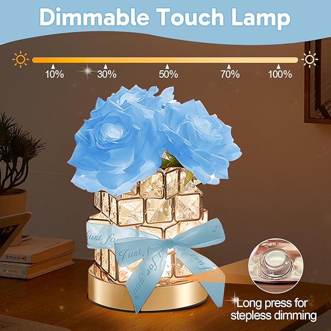 ONXE Romantic Rose Gifts for Girlfriend Wife Her,Rechargeable Cordless Touch Crystal Table Lamp,3-Colour Infinitely Dimming Small Night Light,Valentine's Day Anniversary Birthday Wedding Decor
