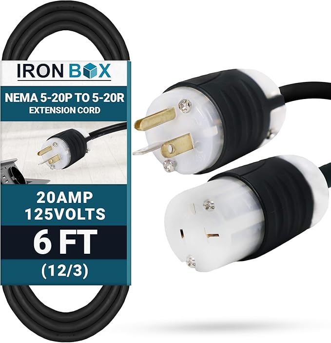 IronBox Electric NEMA 5-20P to 5-20R Extension Cord - 20A, 125V, 12/3 SJT - Heavy Duty Outdoor Generator Cords & Plugs - UL Listed Extension Cable for Data Centers, Camper & More (6 ft, Custom Built)