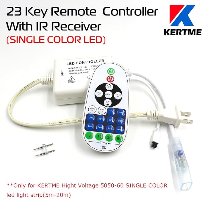 5050-60 Type AC 110-120V White LED Strip Lights, Flexible/Waterproof/Dimmable/Multi-Modes LED Rope Light + 23 Keys Remote for Home/Garden/Building Decoration (32.8ft/10m, White 6000K)
