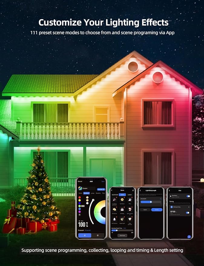 APPECK Permanent Outdoor Lights 50ft with 36 RGBW LEDs, DIY Scene Modes, LED Eaves Lights Waterproof with App Control, for Daily Holiday House Decorations, Voice/Remote Control, Black