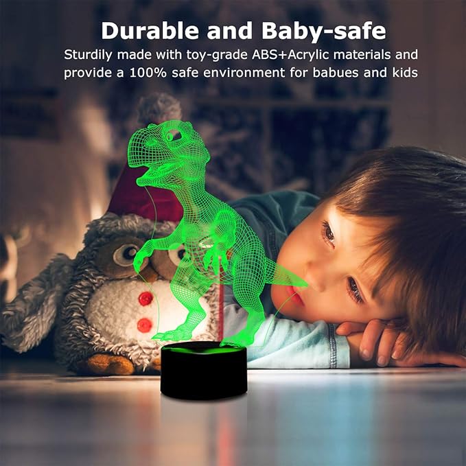 Wiscky Dinosaur Toys 3D Night Light Lamp - Children Kids Gift for Boys, 7 LED Colors Changing Lighting, Touch USB Charge Table Desk Bedroom Decoration, Cool Gifts Ideas Birthday Xmas for Baby Friends