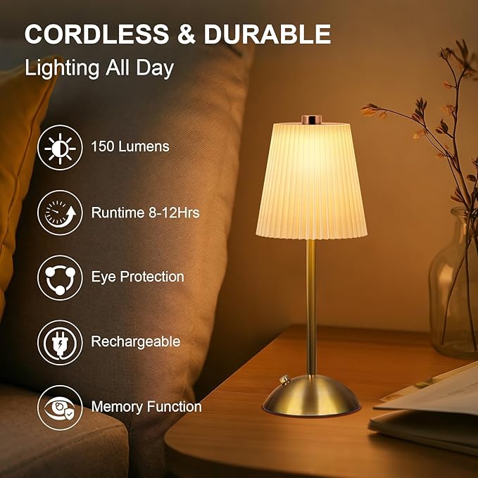 FRIDEKO HOME Rechargeable Table Lamp Gold - Cordless Battery Operated Lamp, Fabric Shade Desk Lamp, Wireless Lamp for Decor Bedroom Dining Table Counter (2pcs-Hard Fabric-LED-11.65in)