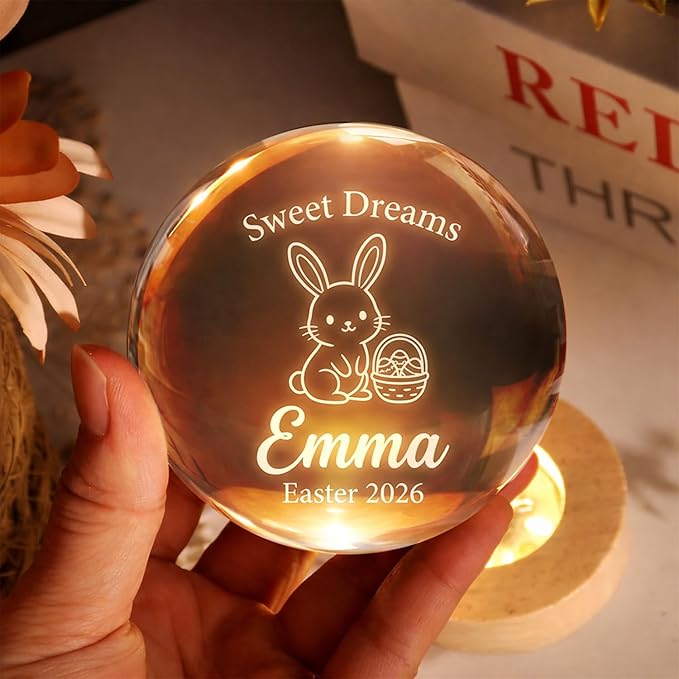 Personalized Easter Bunny Crystal Ball LED Lamp, Custom Name Glass Globe Night Light, Sweet Dreams Engraved Spring Home Decor Accent Light with Wooden Base, Easter Keepsake Gift for Family Display